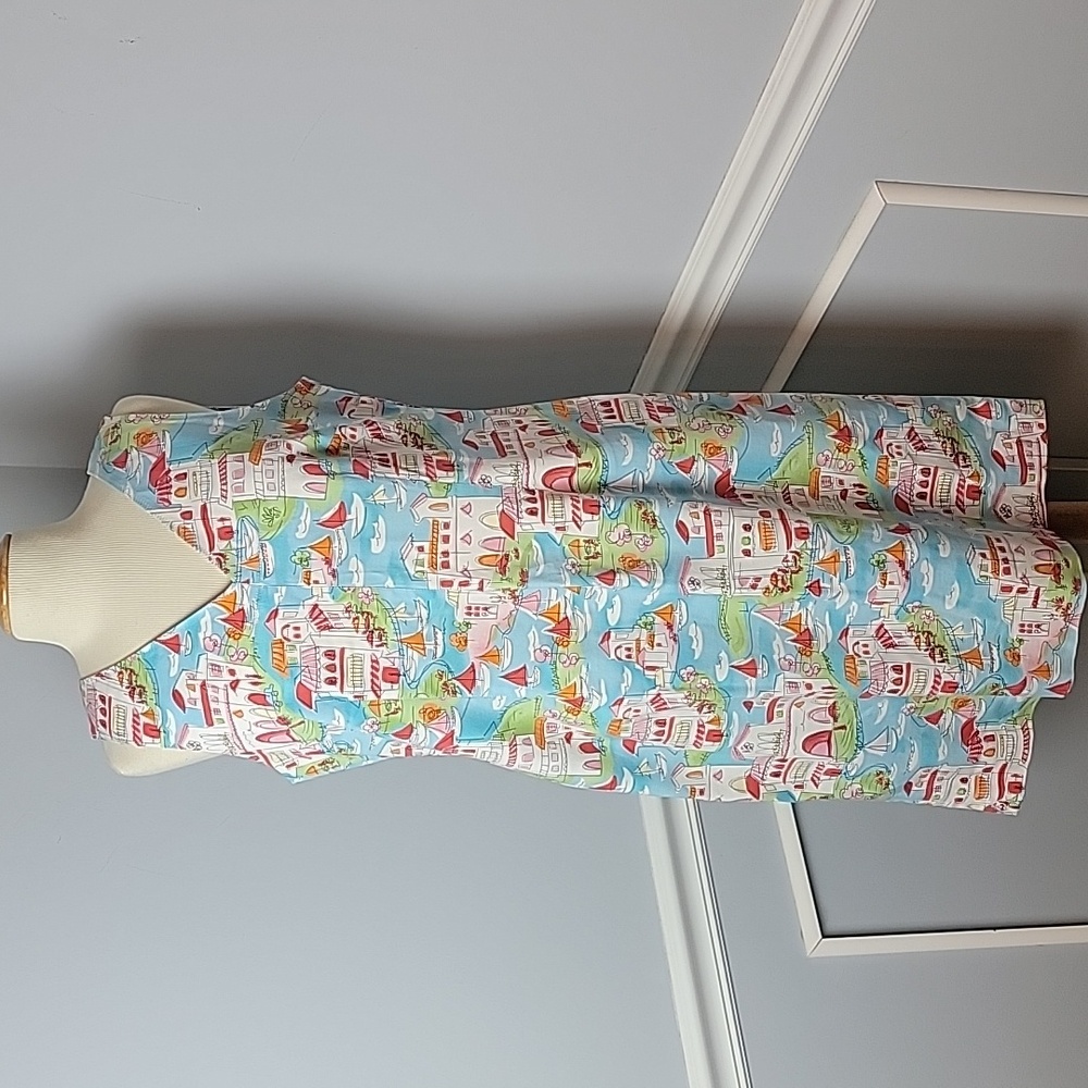 TALBOTS PETITES Mediterranean Seaside Coastal Scenic Sleeveless Sheath Dress 14